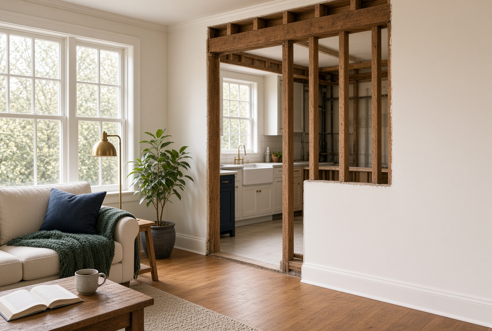 Completed load-bearing wall removal with replacement beam installed