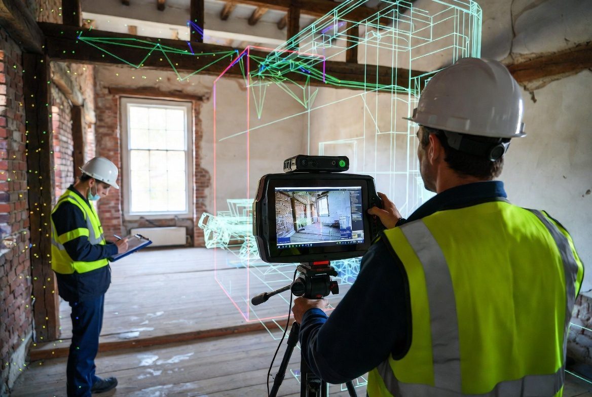 Engineers capturing a 3D LiDAR scan inside a historic building