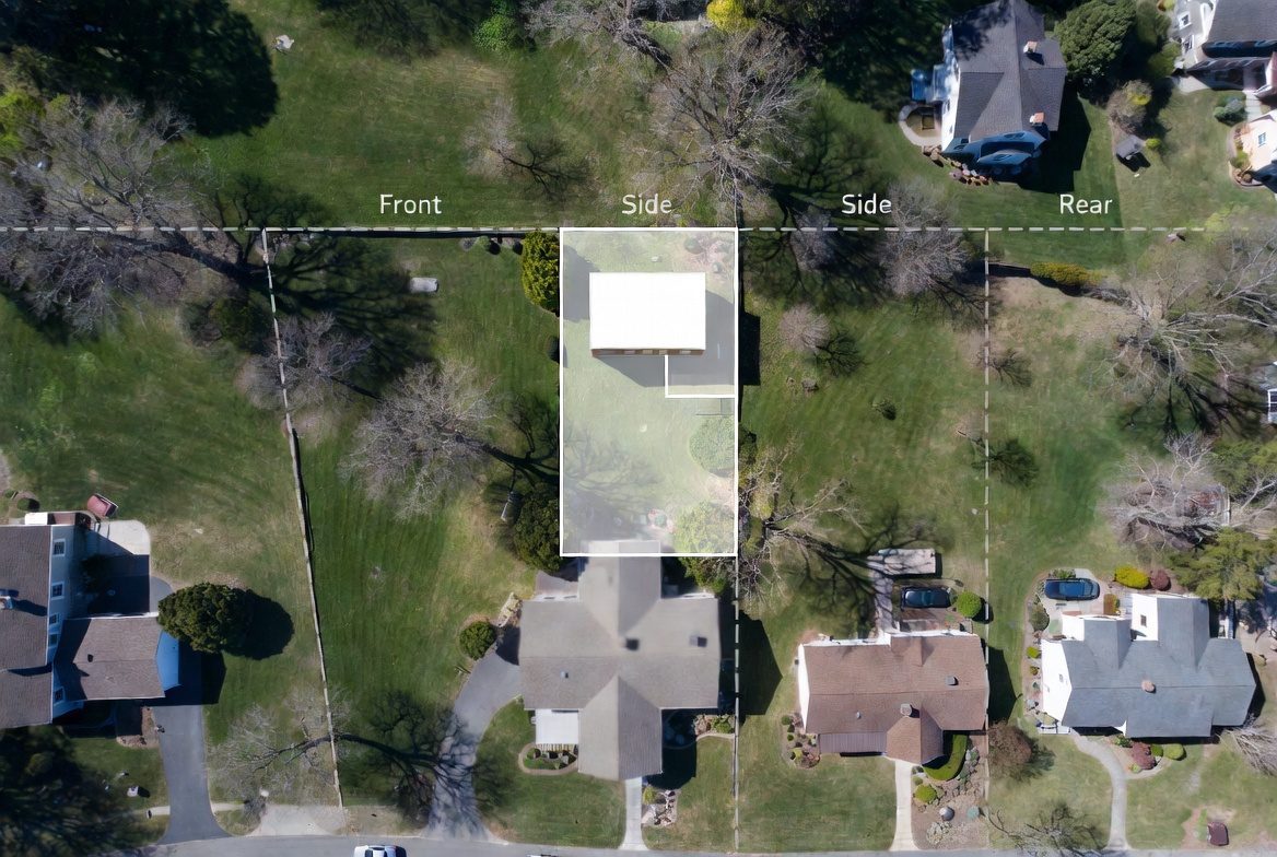 Aerial site concept showing front, side, and rear setback lines for a proposed accessory dwelling unit