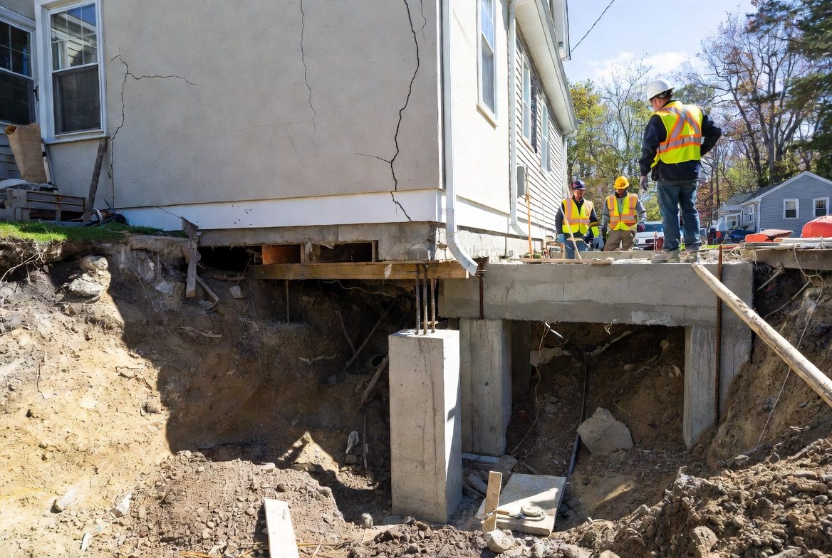Foundation repair and underpinning construction in progress