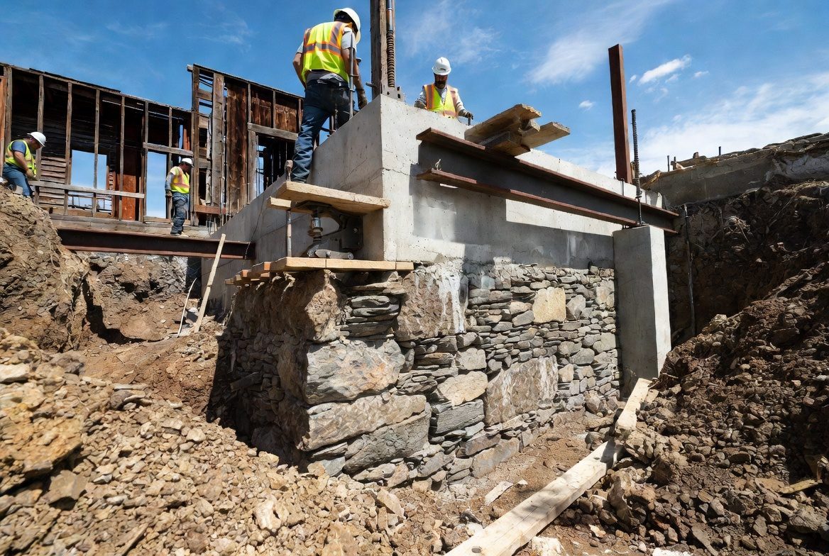 Foundation underpinning construction with new concrete piers beneath an existing stone foundation
