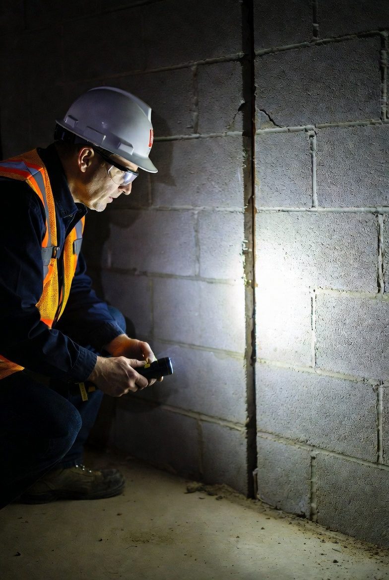 Engineer inspecting a foundation crack during an on-site structural assessment