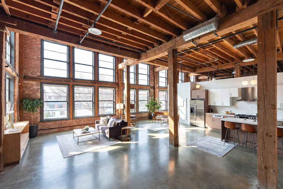 Illustration of a mill building converted into loft condominiums