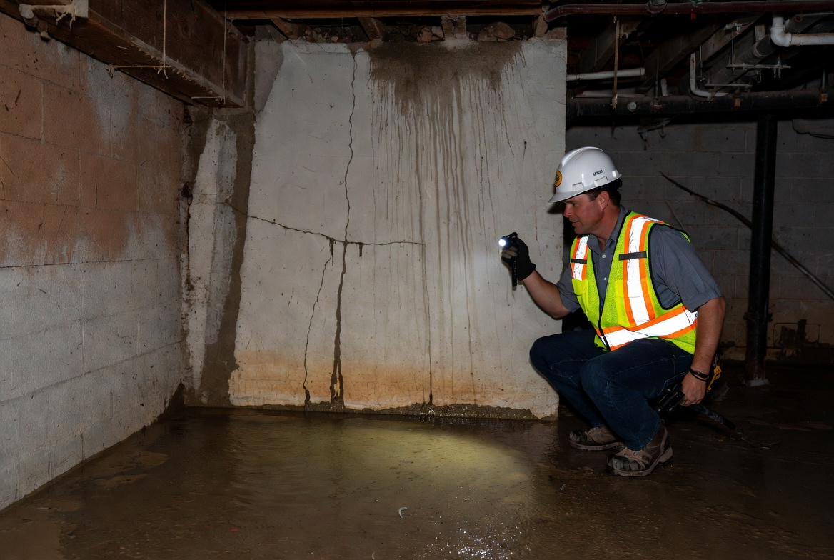 Licensed engineer inspecting structural damage during an on-site assessment