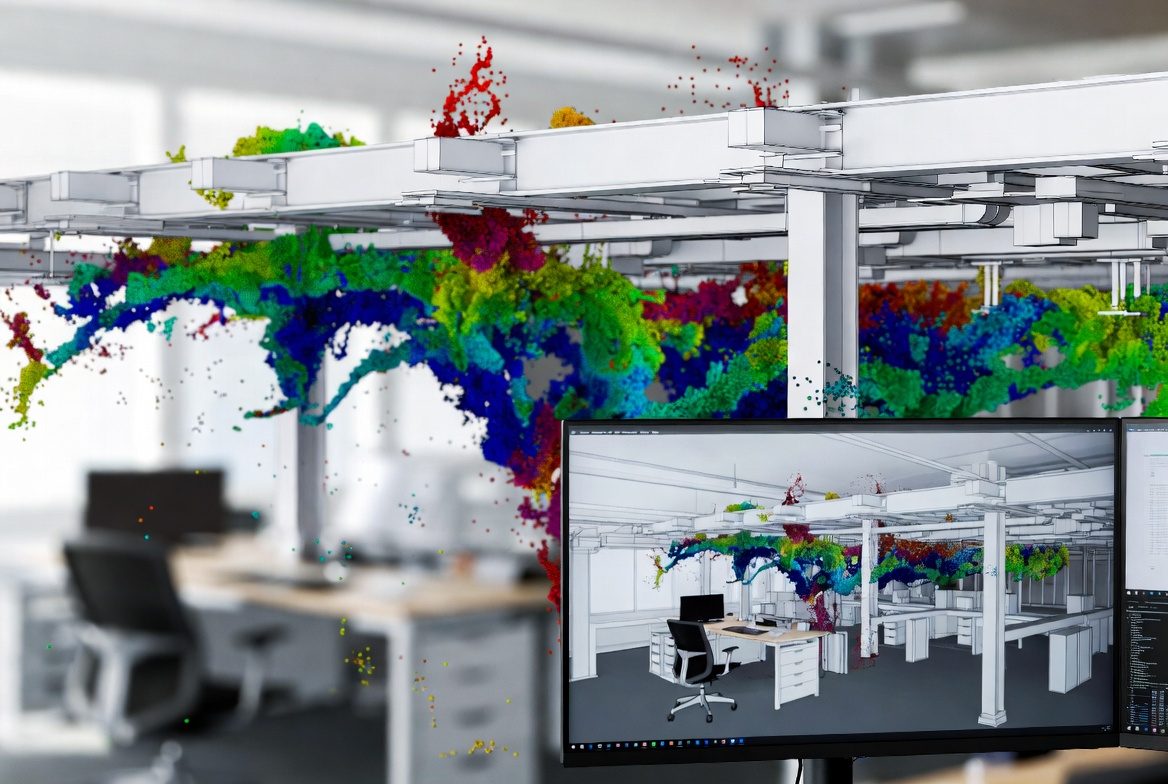 3D laser scan point cloud overlaid on a coordinated BIM model of a commercial interior