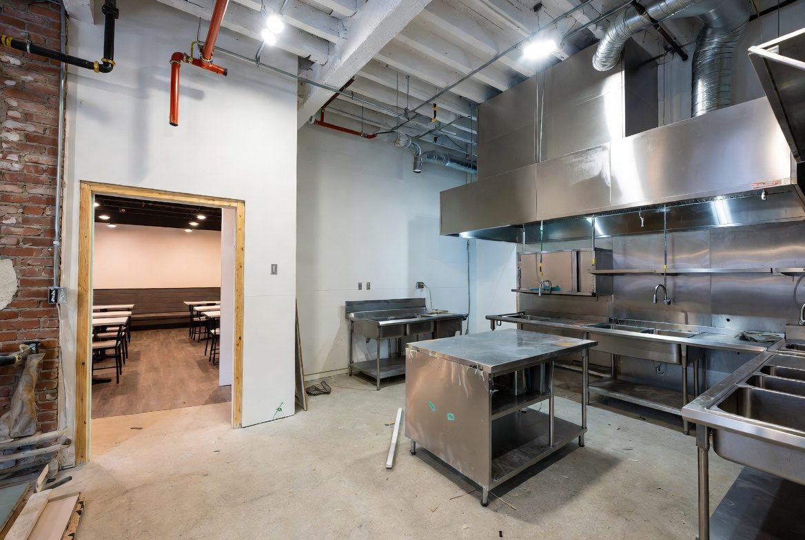 Restaurant kitchen build-out during a retail-to-restaurant change of use