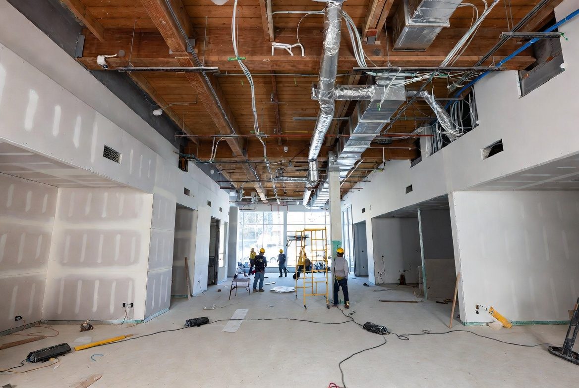 Retail tenant fit-out construction with drywall framing and MEP rough-in